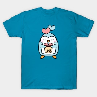 Cute Bubble Tea and Penguin with Hearts T-Shirt